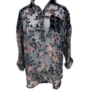 ADORE Tunic Top Size L Velvet Burnout Sheer Pink Floral Button Tab Sleeves